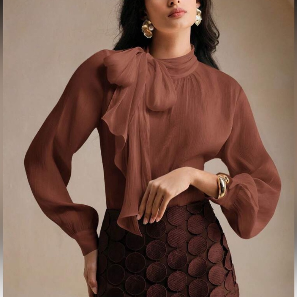 Luxe tie neck long sleeve blouse